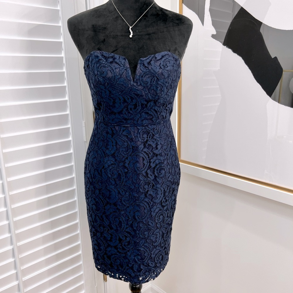 J. Crew Navy Blue Strapless Lace Evening Dress, Size 0
